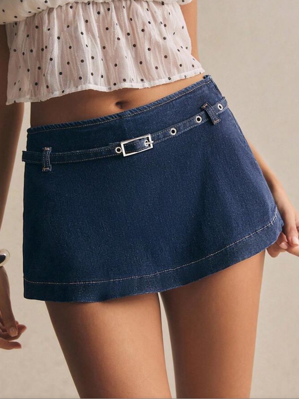 Denim Mini Skort with Decorative Belt - Blue